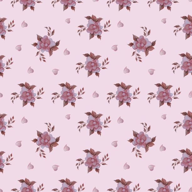 无缝模式。浪漫的一周花。粉红色的玫瑰和心形在粉红色的背景上。节日情人节，植物和浪漫的装饰和设计。水彩图片下载