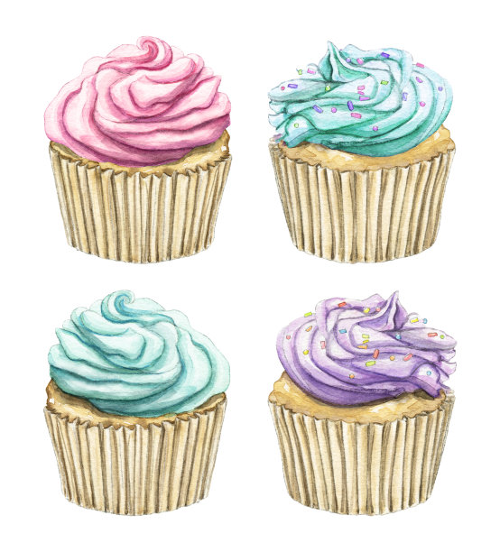 水彩设置四个不同的纸杯蛋糕图片下载