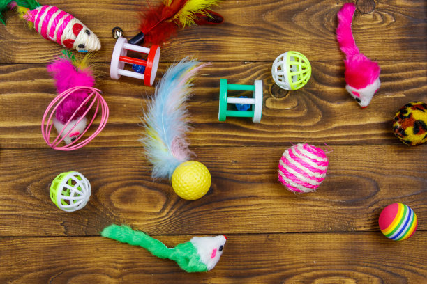 一套玩具的猫在木制背景。俯视图图片下载