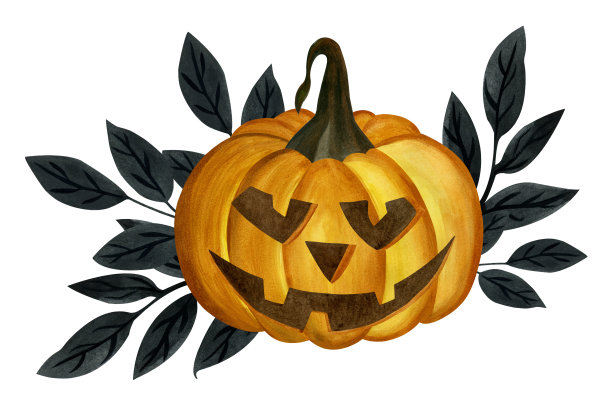 有树枝和黑色叶子的水彩南瓜图片下载