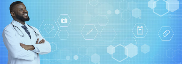 快乐的非裔美国治疗师在白色实验室外套在蓝色背景，拼贴与医学符号。本空间图片下载