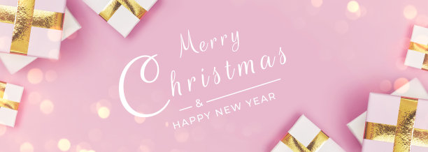 横幅，圣诞作文，礼物在柔和的粉红色背景图片下载