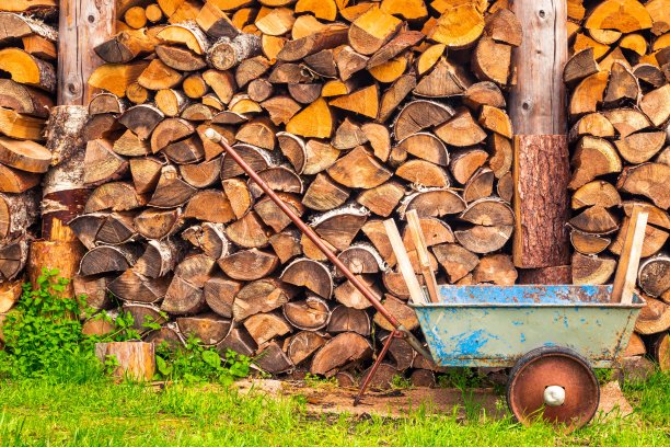 以一辆小马车为背景的柴堆的乡村景色图片下载