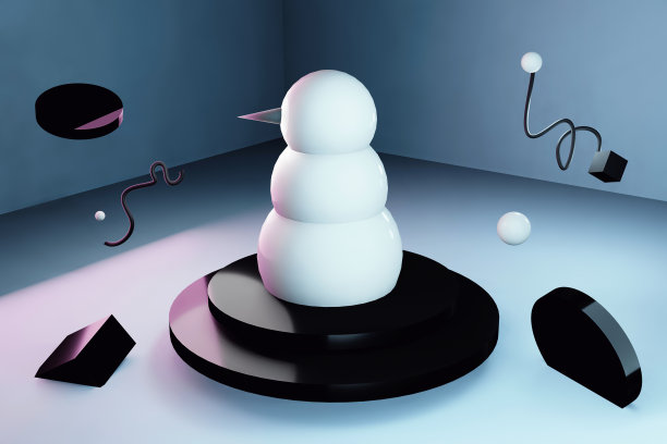 3d玻璃白色雪人从三个圆球在一个几何角度，在讲台上，旁边的飞人，被霓虹灯照亮。新年的概念图片下载