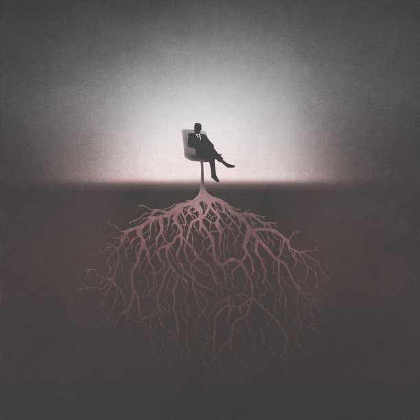 强大的黑暗的人，在他的扶手椅下扎根，超现实的概念图片下载