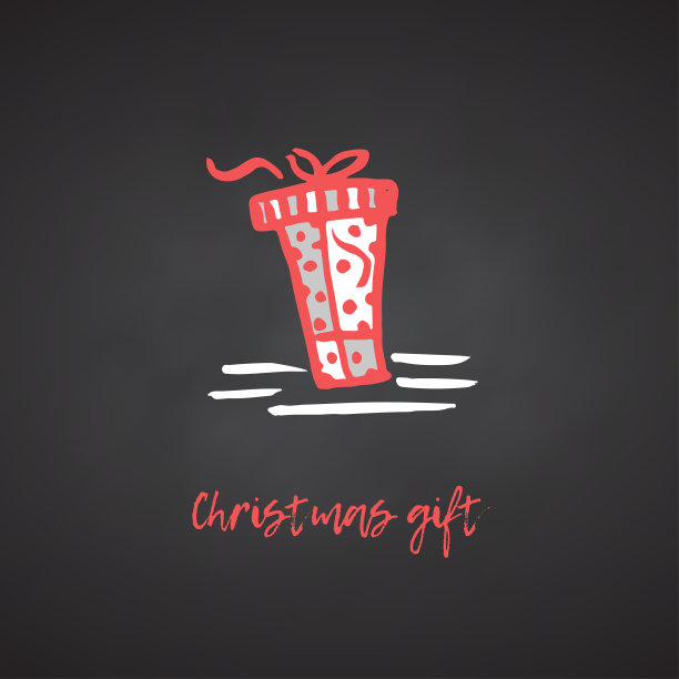 手绘圣诞和新年贺卡与节日图标象征礼物和书法问候题词。黑色黑板背景复古风格，墨笔素描。图片下载