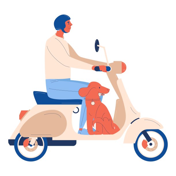 矢量骑滑板车的男人和狗：红色蓝色概念插画图片下载