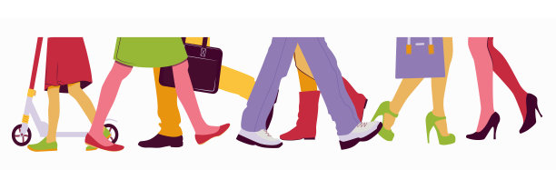 男人和女人走在人群中。身体的下半部分与腿和鞋子的插图。人们正在过马路。平的插图图片下载
