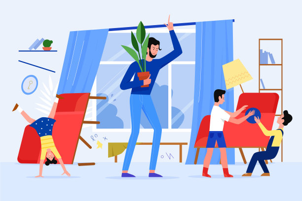 愤怒的父亲骂孩子矢量插图，卡通平面强调父亲父母角色责骂顽皮的孩子，把家里客厅弄得一团糟图片下载