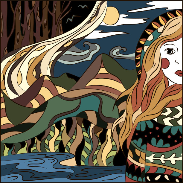 抽象幻想风格的少女与自然。儿童书籍和童话的插图图片下载