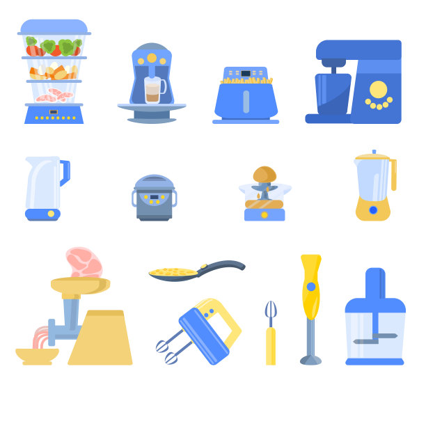 厨房电器设计元素设置，孤立在白色背景上。厨房用具的集合。蒸笼、水壶、咖啡机、搅拌机、搅拌器、绞肉机、炸锅。家居平面卡通图标。图片下载