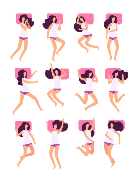 睡觉的姿势。女人抱着枕头以不同的姿势睡觉。女性躺在床上睡觉向量集图片下载