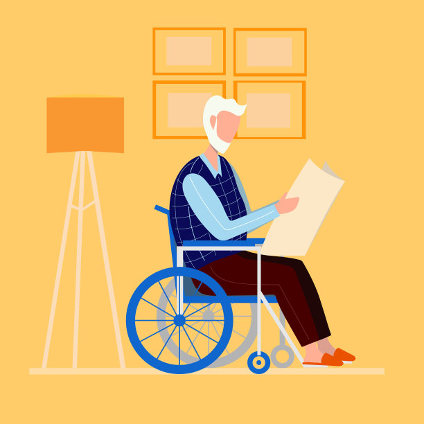 一位坐在轮椅上的老人正在看报纸。平静的晚年的概念。卡通人物。Vecon插图。图片下载