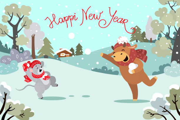 鼠牛，中国新年的象征，在雪地里打雪仗，卡通，平面风格，明信片，矢量插图图片下载