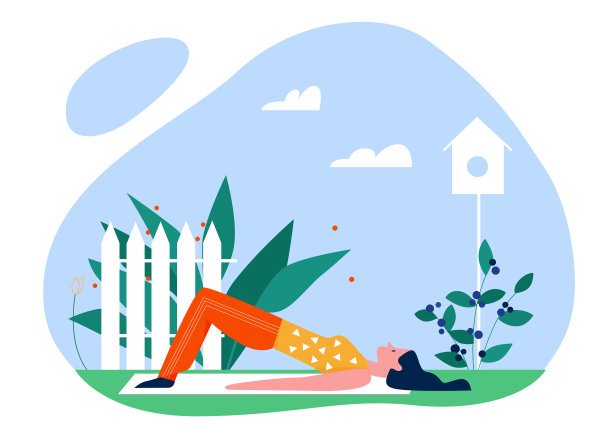 瑜伽运动夏季户外活动平面矢量插图，卡通活跃的年轻女性瑜伽师性格训练在公园，伸展身体在瑜伽姿势上孤立的白色图片下载