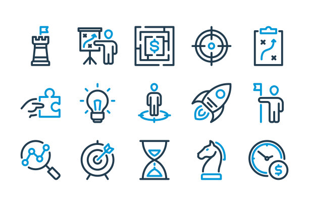 战略和营销相关线图标设置。图片下载