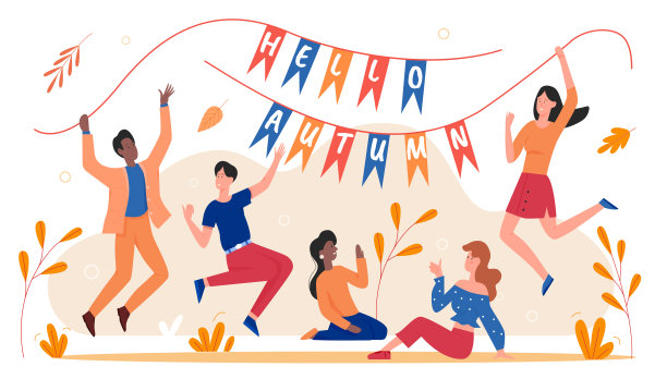 秋庆矢量插画，卡通平面男女青年激动的人物举着旗子用“你好秋”文字，庆祝秋季的开始图片下载