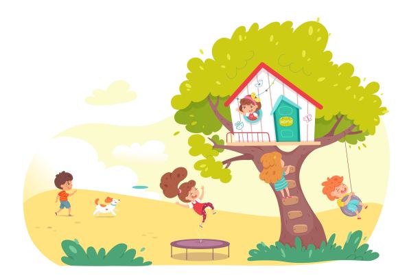 孩子们在操场上和树屋玩耍图片下载