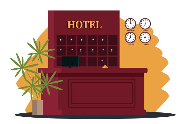 酒店前台设有电脑、钥匙和钟表后台。快乐的假期假期矢量插图。旅行或参观时住酒店。旅舍的登记台空着图片下载