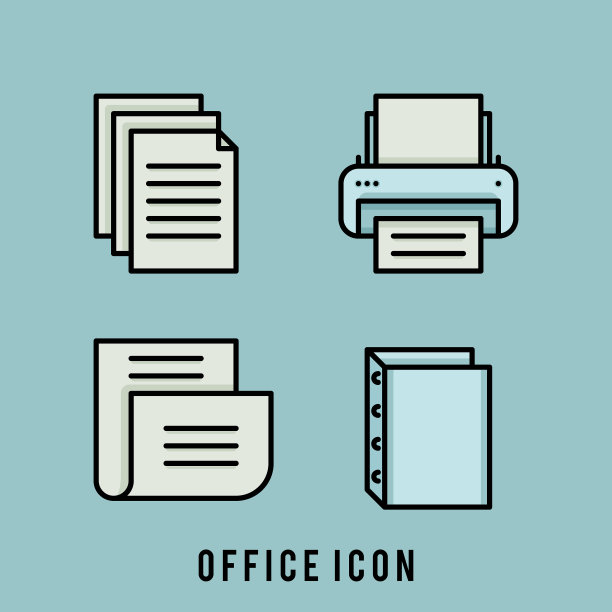 商业和办公室图标。可编辑的矢量线图标集，文件，打印机，文件文件，文件夹。集合向量符号在时尚的平面风格上的白色背景。办公室设计标语。图片下载