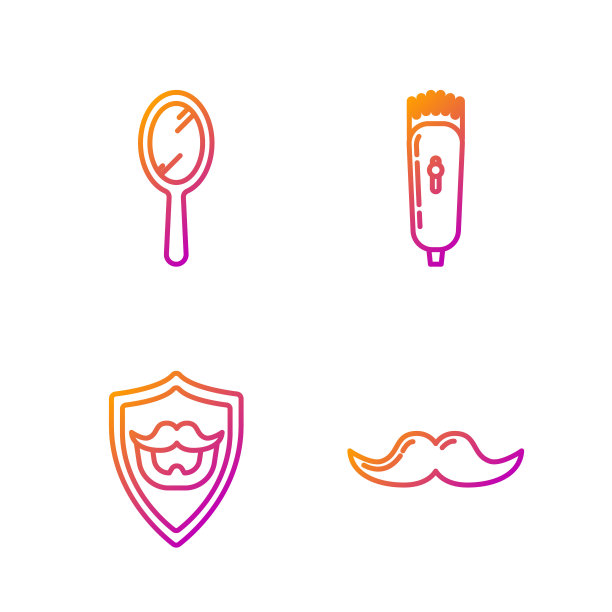 在护盾、手镜、电动理发器或剃须刀上设置线八字胡、八字胡和胡须。渐变颜色图标。向量图片下载