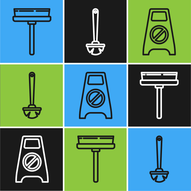设置线条刮板，刮刀，刮水器，湿地板和正在清洁和厕所刷图标。向量图片下载