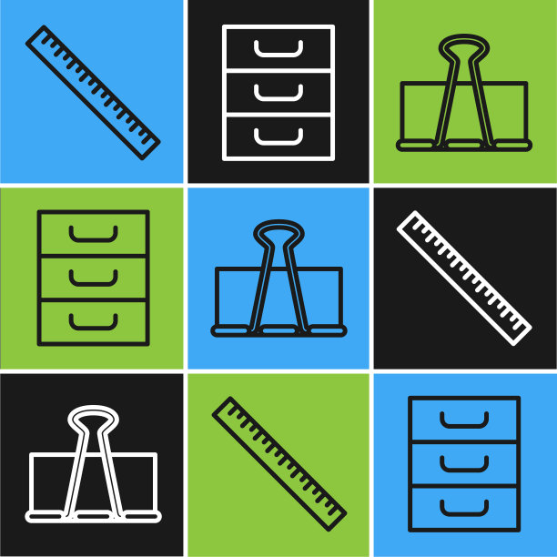 设置线尺，装订夹和抽屉与文件图标。向量图片下载