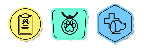 设置线剪贴板与医疗临床记录宠物，项圈与姓名标签和兽医诊所标志。颜色的形状。向量图片下载