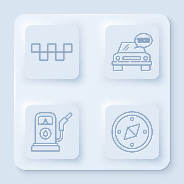 设有出租车车顶、出租车、加油站、指南针等线路。白色正方形按钮。向量图片下载