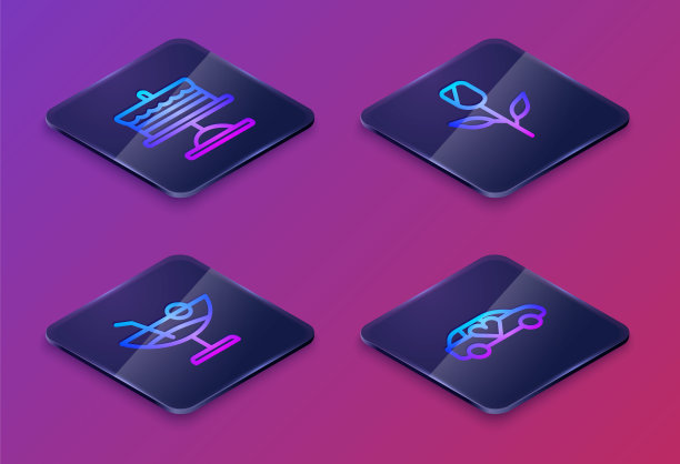 设置等距线蛋糕盘，鸡尾酒，花玫瑰和豪华轿车。蓝色方块按钮。向量图片下载