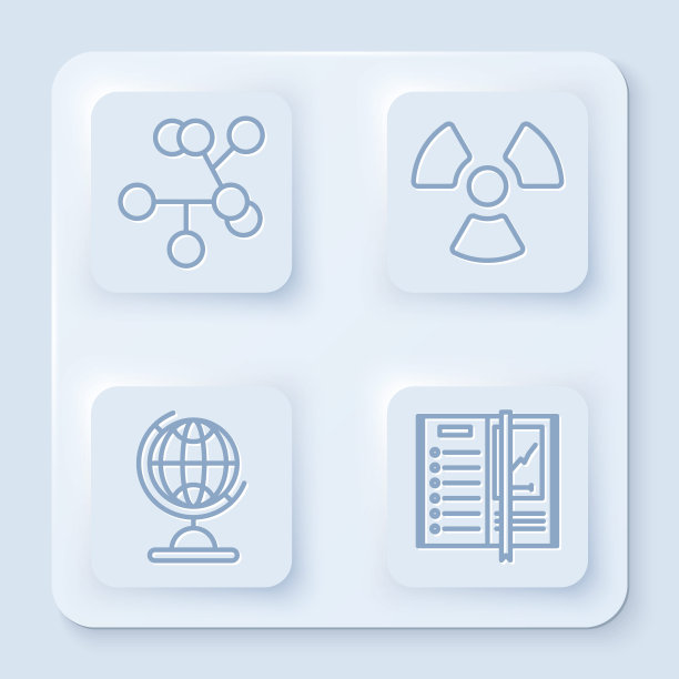 设置线分子，放射性，地球和笔记本。白色正方形按钮。向量图片下载