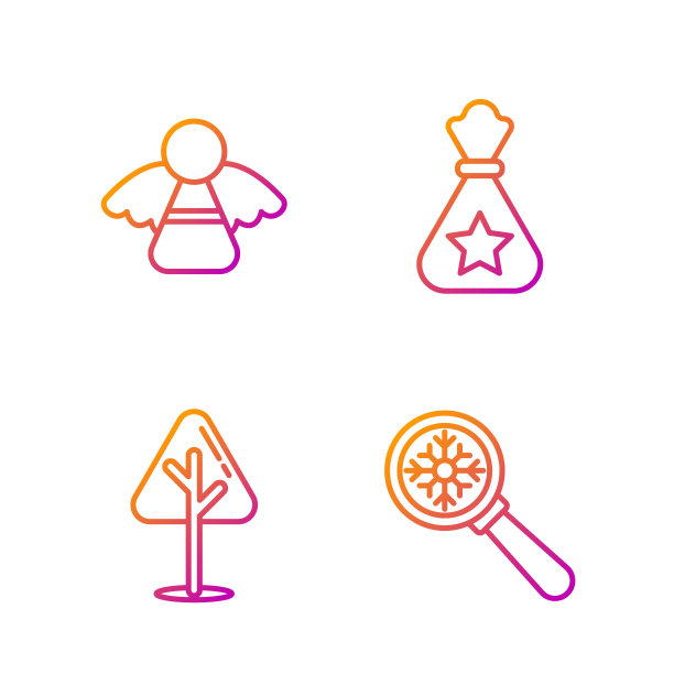 设置线放大镜雪花，圣诞树，圣诞天使和圣诞老人袋礼物。渐变颜色图标。向量图片下载