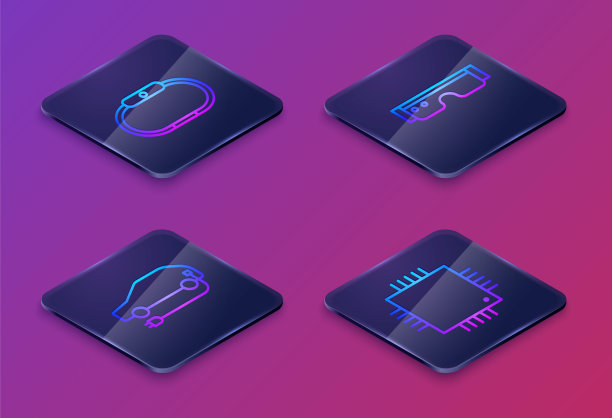 设置等距线智能手表，电动汽车，智能眼镜和处理器微电路CPU。蓝色方块按钮。向量图片下载