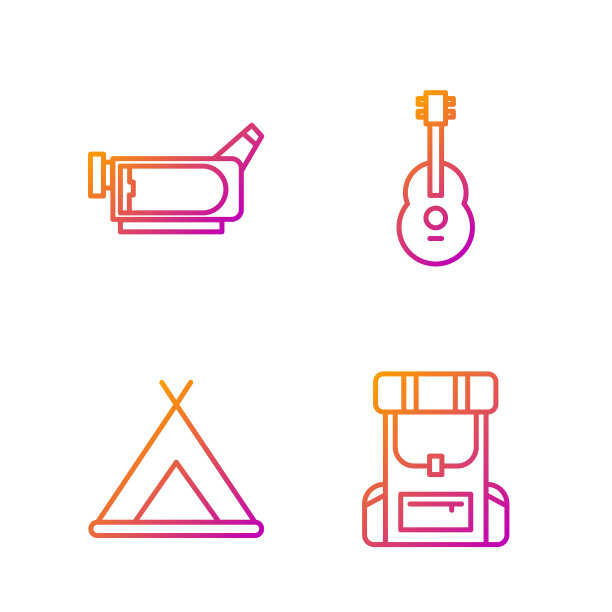 系列徒步背包，旅游帐篷，电影相机和吉他。渐变颜色图标。向量图片下载