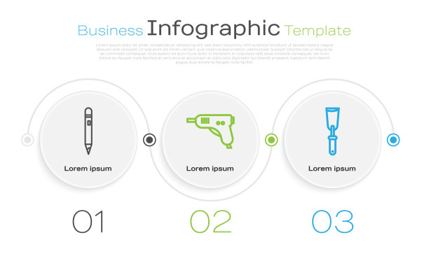 线笔带橡皮擦，电热胶枪和油灰刀。业务信息模板。向量图片下载