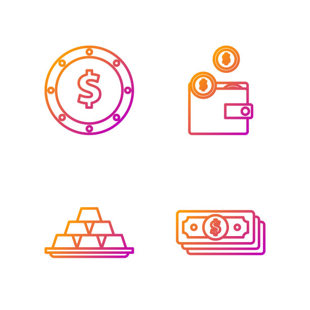 堆叠纸币现金，金条，硬币货币与美元符号和钱包硬币。渐变颜色图标。向量图片下载