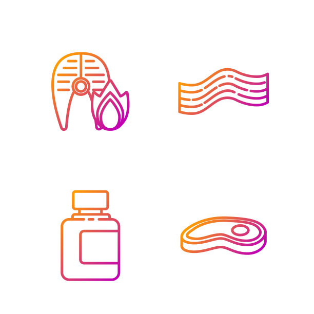 排牛排肉，酱瓶，烤鱼排，火火焰和培根条纹。渐变颜色图标。向量图片下载