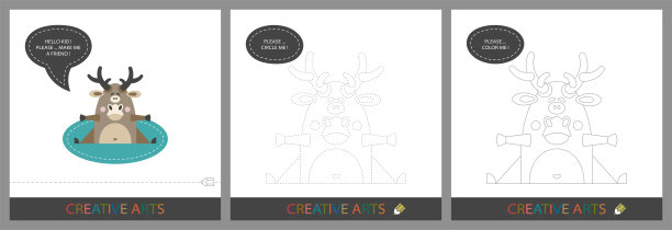 儿童趣味课程- DIY!一套儿童创造力的卡片。原始有趣亲爱的，字符模板连接的点和剪影着色-向量图片下载