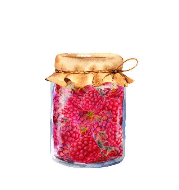 与覆盆子果酱。水彩食品插图图片下载