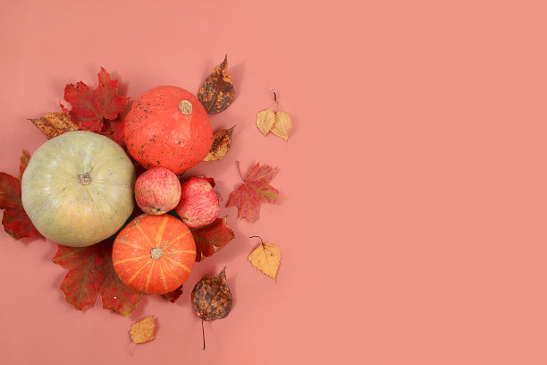 用季节的叶子，南瓜，苹果在一个柔和的背景，最小的快乐感恩节概念，明信片，选择性的焦点秋天的构图。、平面躺素材图片