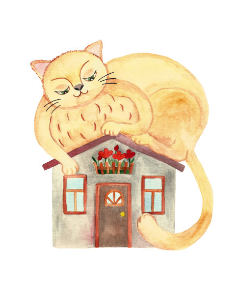 水彩画的一个胖可爱的猫在屋顶上的房子。一个有着毛茸茸的爪子和长长的尾巴的善良的角色看着一个小住所。图片下载