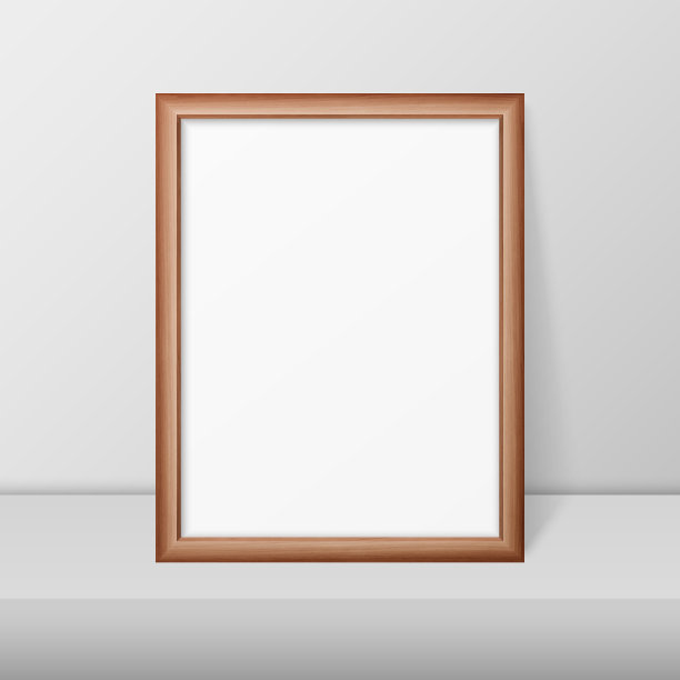向量3d现实A4棕色木制简单的现代框架上的白色架子或桌子靠白墙。它可以用于演示。设计模板的模型，前视图图片下载