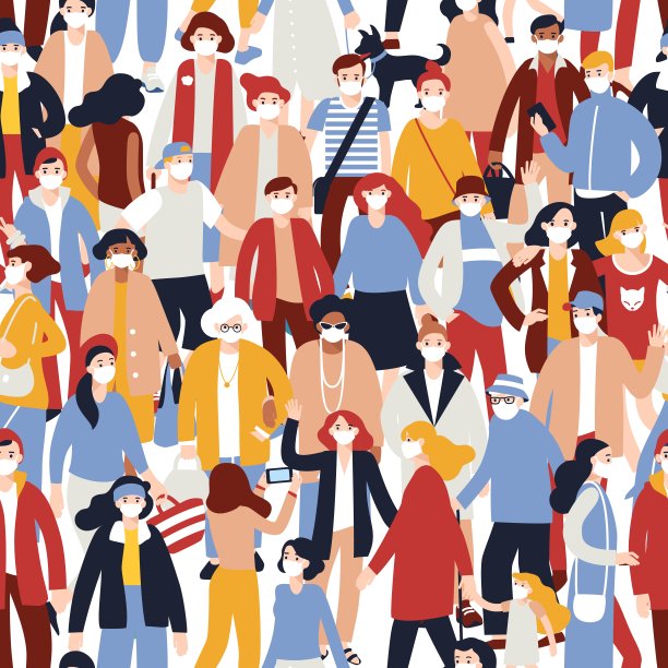 无缝模式。冠状病毒疫情防护理念与人群，隔离现代社会。图片下载