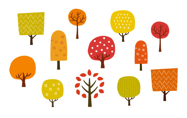 秋天的树叶和树木图标集，手绘图片下载
