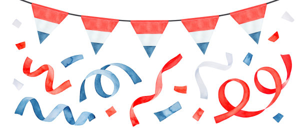 水彩插图包庆祝彩旗，派对飘带，飞舞的五彩纸屑和三角形的荷兰国旗。手绘水彩素描，剪纸元素的设计。图片下载