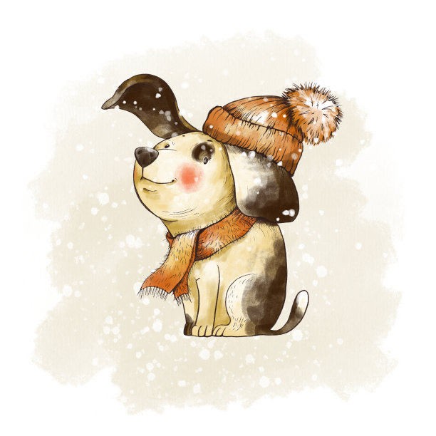 冬季圣诞复古贺卡。戴着红帽子的可爱小狗。图片下载