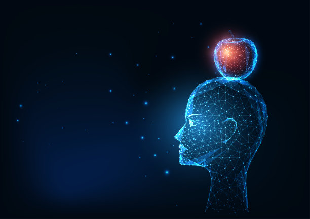 未来的发光低多边形人的头和红苹果孤立在深蓝色图片下载