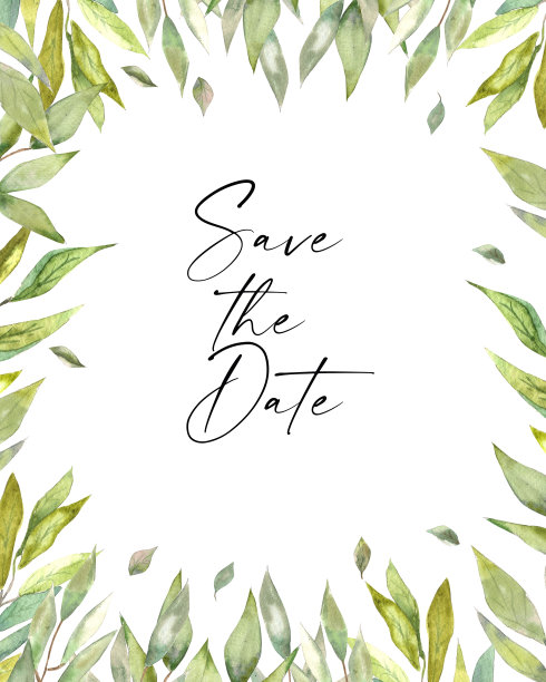 水彩插图。模板从植物区系元素。由绿色树枝和树叶制成的框架，用于文本、照片、装饰等。图片下载