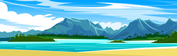 海洋海滩。热带海滩。26、蓝天在远方，群山在远处。平的风格。矢量插图。海湾在海里或大湖里。美丽的水景。小波,平静。素材图片