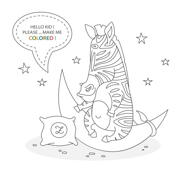 黑白涂色书页。滑稽可爱的卡通人物斑马在月亮上与枕头。卡片来自一套适合儿童发展的卡片。矢量图图片下载